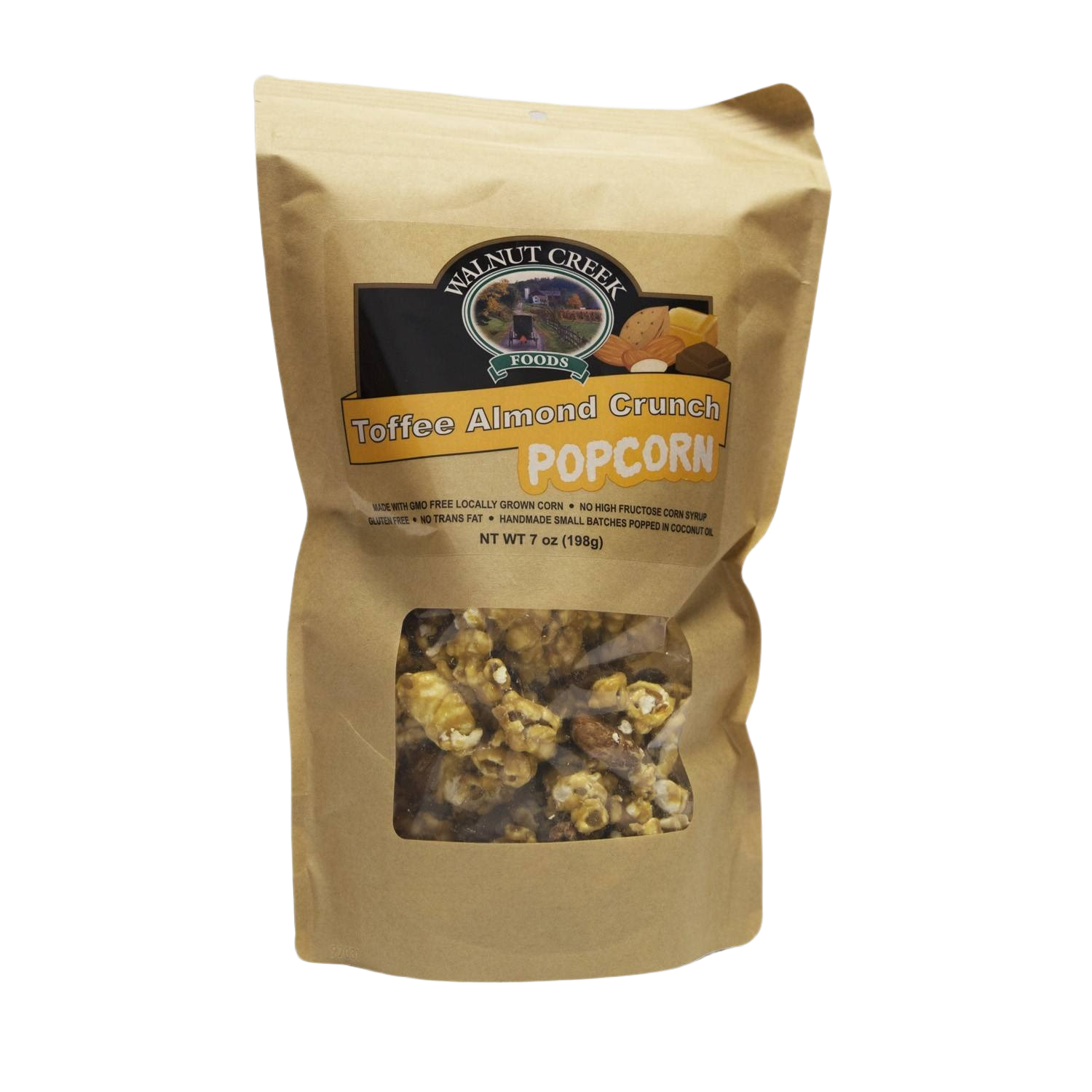 Brown kraft bag of toffee almond crunch popcorn with clear window for Chips & Snacks under $50 collection