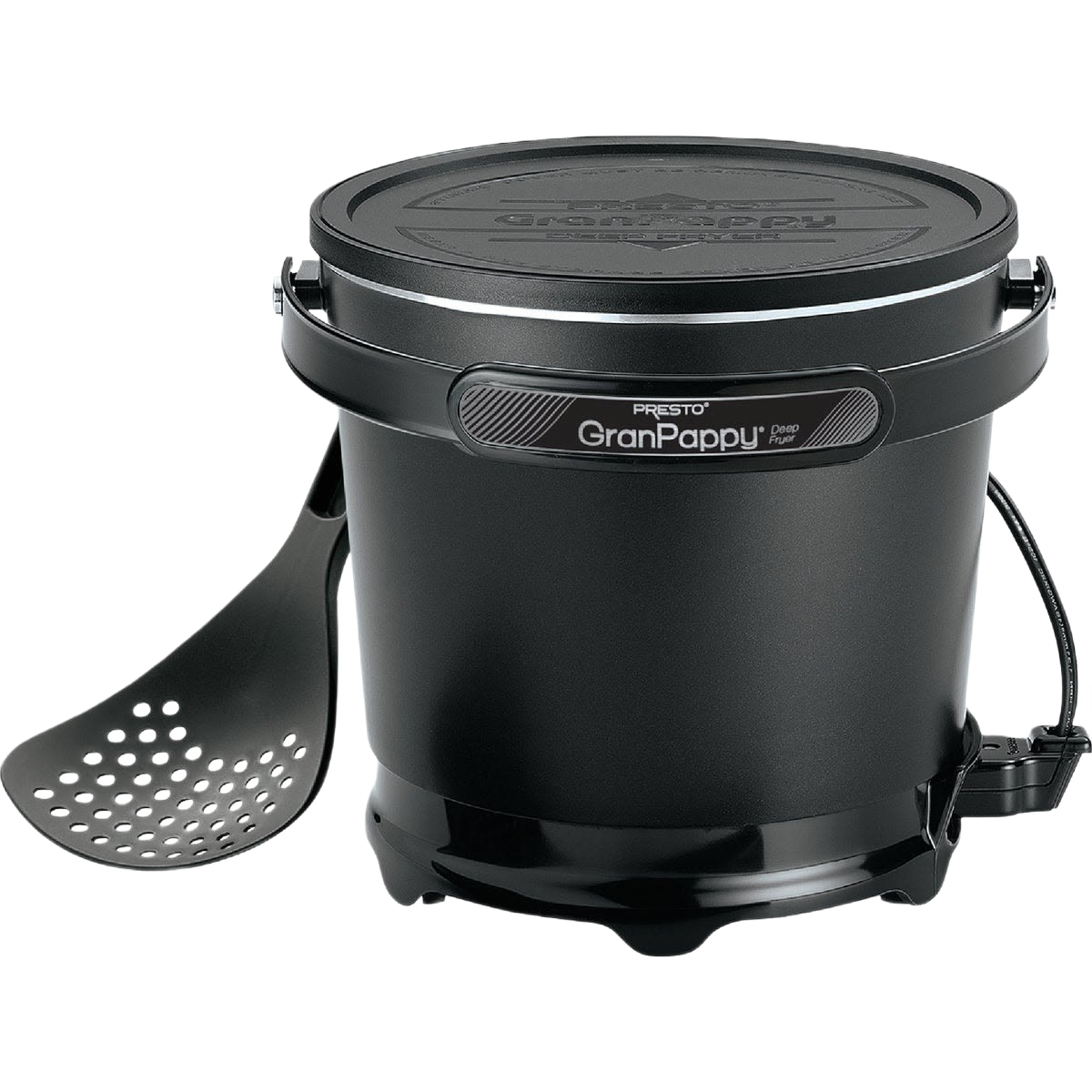 Black aluminum electric deep fryer with removable lid and slotted frying scoop for tools and home improvement use