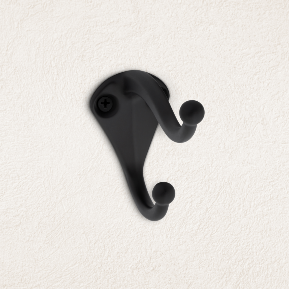 Single matte black metal coat hook with dual rounded ends, ideal for closet organization and home storage projects under $50 collection