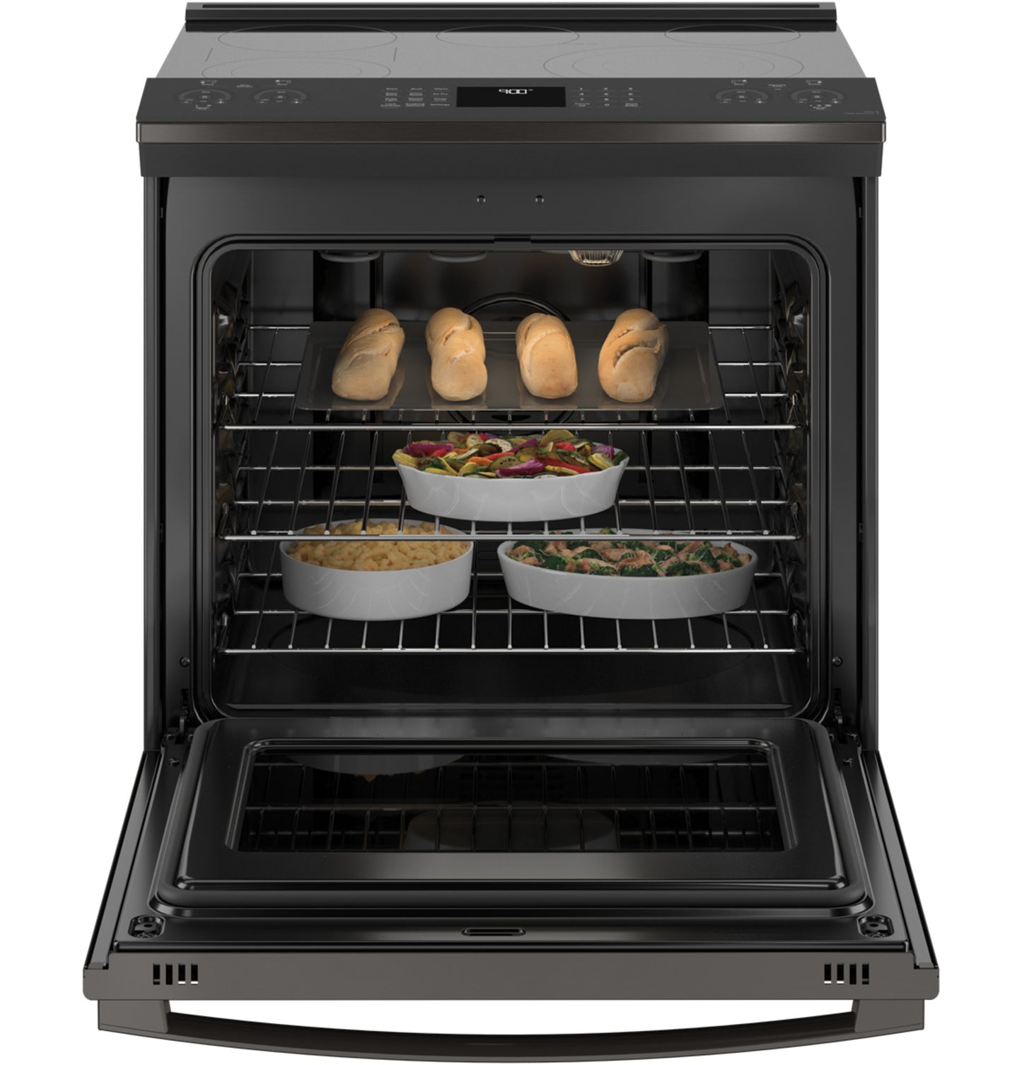 Black stainless steel slide-in electric convection oven with food dishes inside from Ranges & Cooktops collection