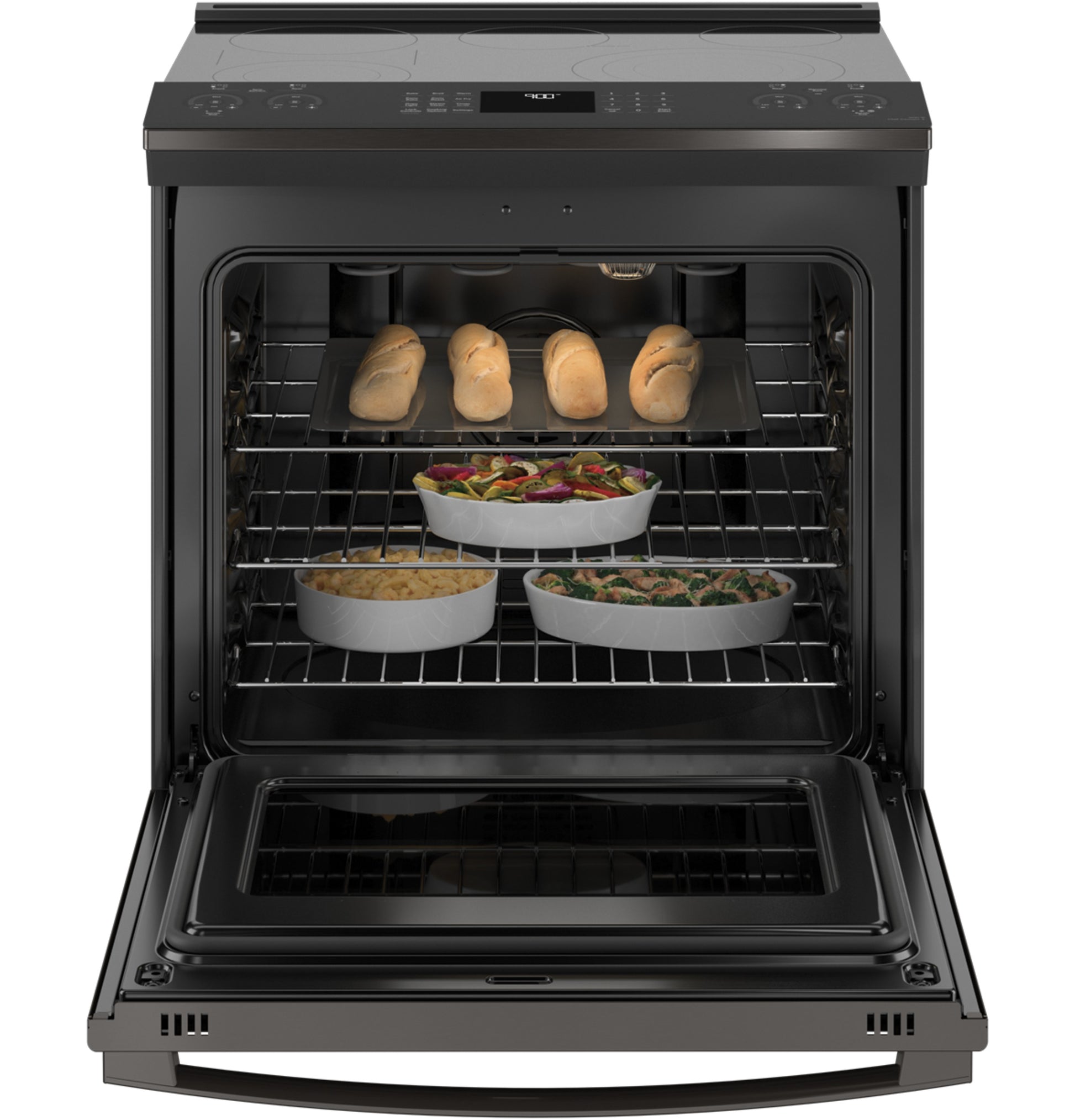 Black stainless steel slide-in electric convection oven with food dishes inside from Ranges & Cooktops collection