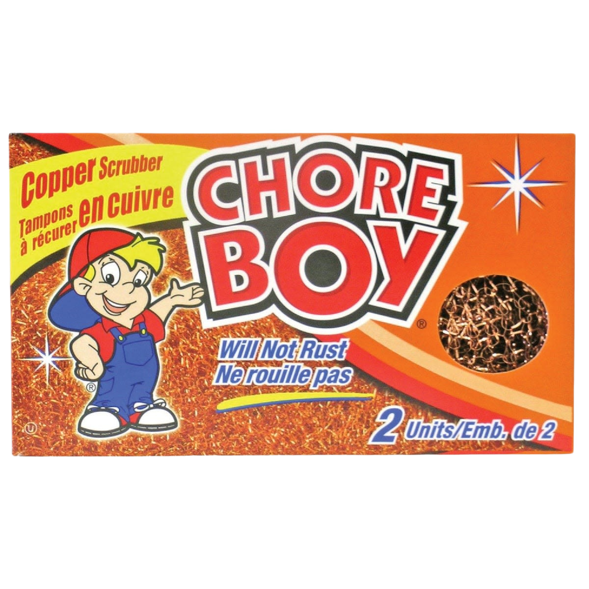 Orange box of copper scrubbers with cartoon character, part of cleaning tools under $50 for home improvement tasks