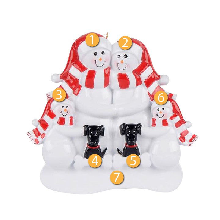 Snow family of four wearing red scarves warmly hugging two black dogs, festive Christmas decoration under 50 dollars