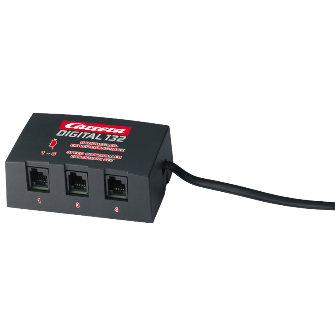 Black electronic extension set with three labeled RJ11 ports and cable for slot car speed control system