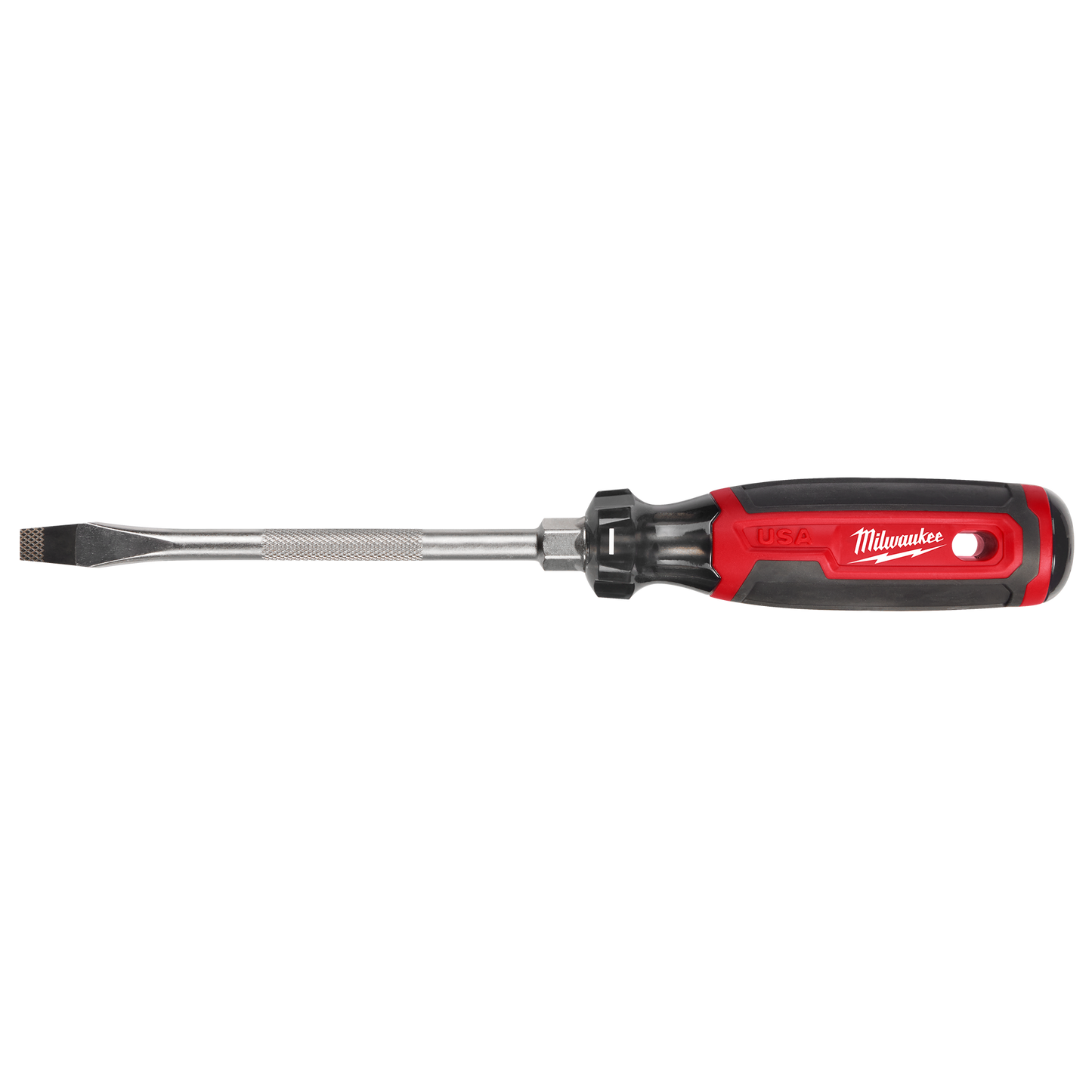Red and black Milwaukee screwdriver with cushion grip and long shaft for precise and comfortable home improvement tasks