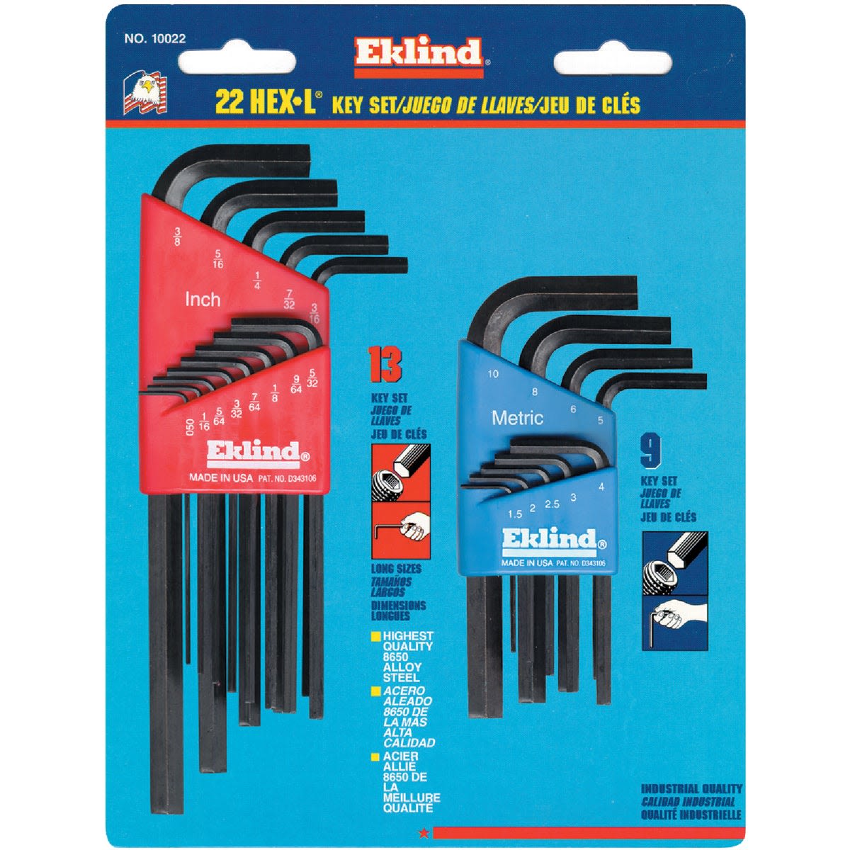 Set of black SAE and metric hex keys organized in red and blue holders for tools and home improvement tasks