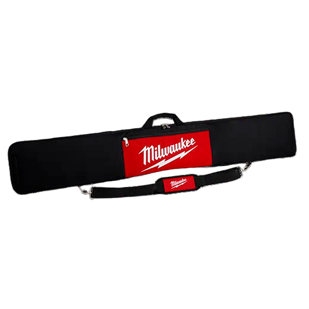 Black and red Milwaukee tool bag with shoulder strap designed for woodworking tool storage and workshop organization