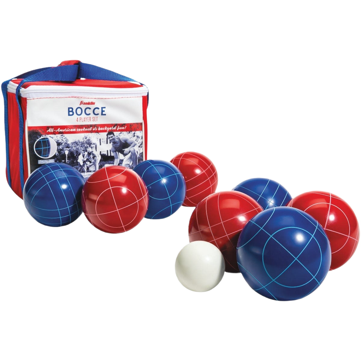 Set of red and blue bocce balls with white pallino and carrying bag for outdoor games and backyard fun
