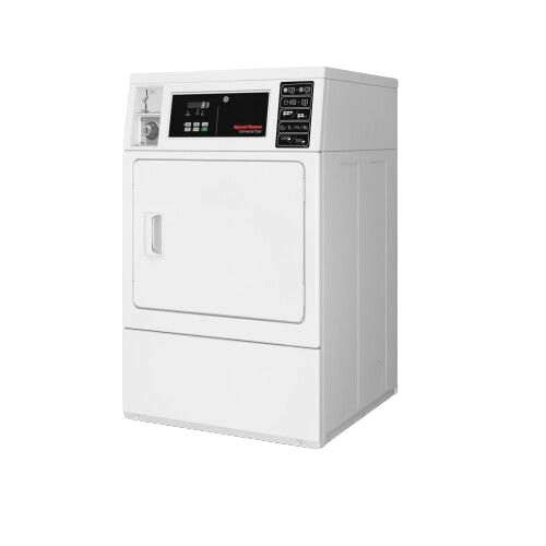 White front control commercial gas dryer with single coin drop, built for durability in washers and dryers collection