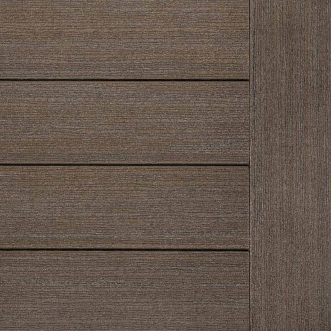 Dark Cocoa grooved composite deck board panel from TimberTech Prime+ collection for durable outdoor decking