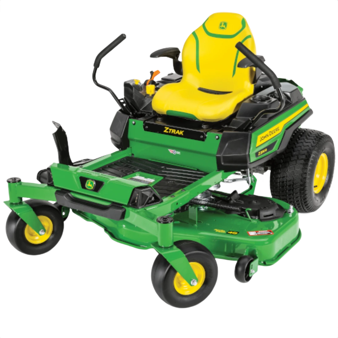 Green and yellow zero-turn mower with wide deck and padded seat for residential lawn care and home improvement tasks