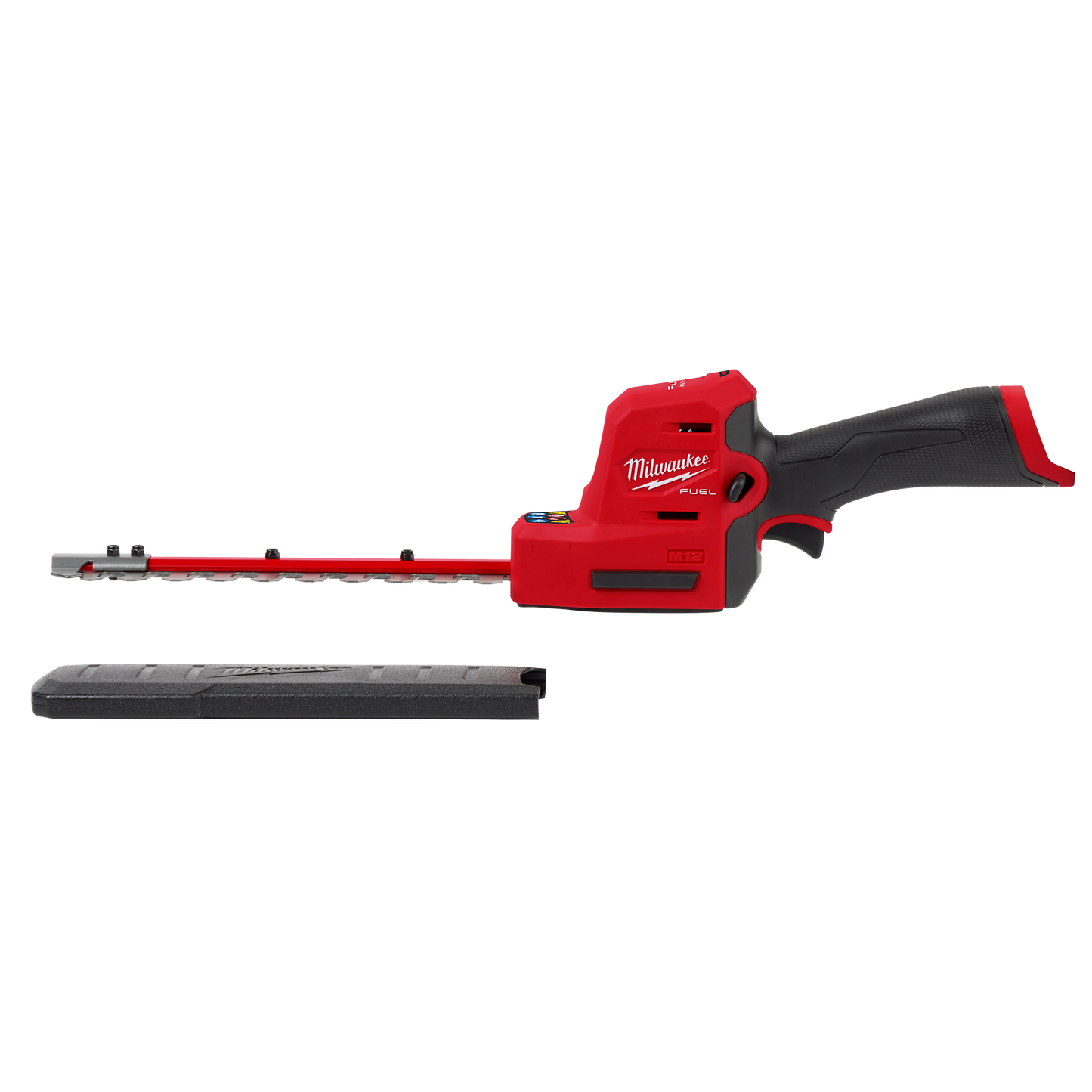 Red and black cordless hedge trimmer with compact design and protective blade cover for efficient home improvement tasks