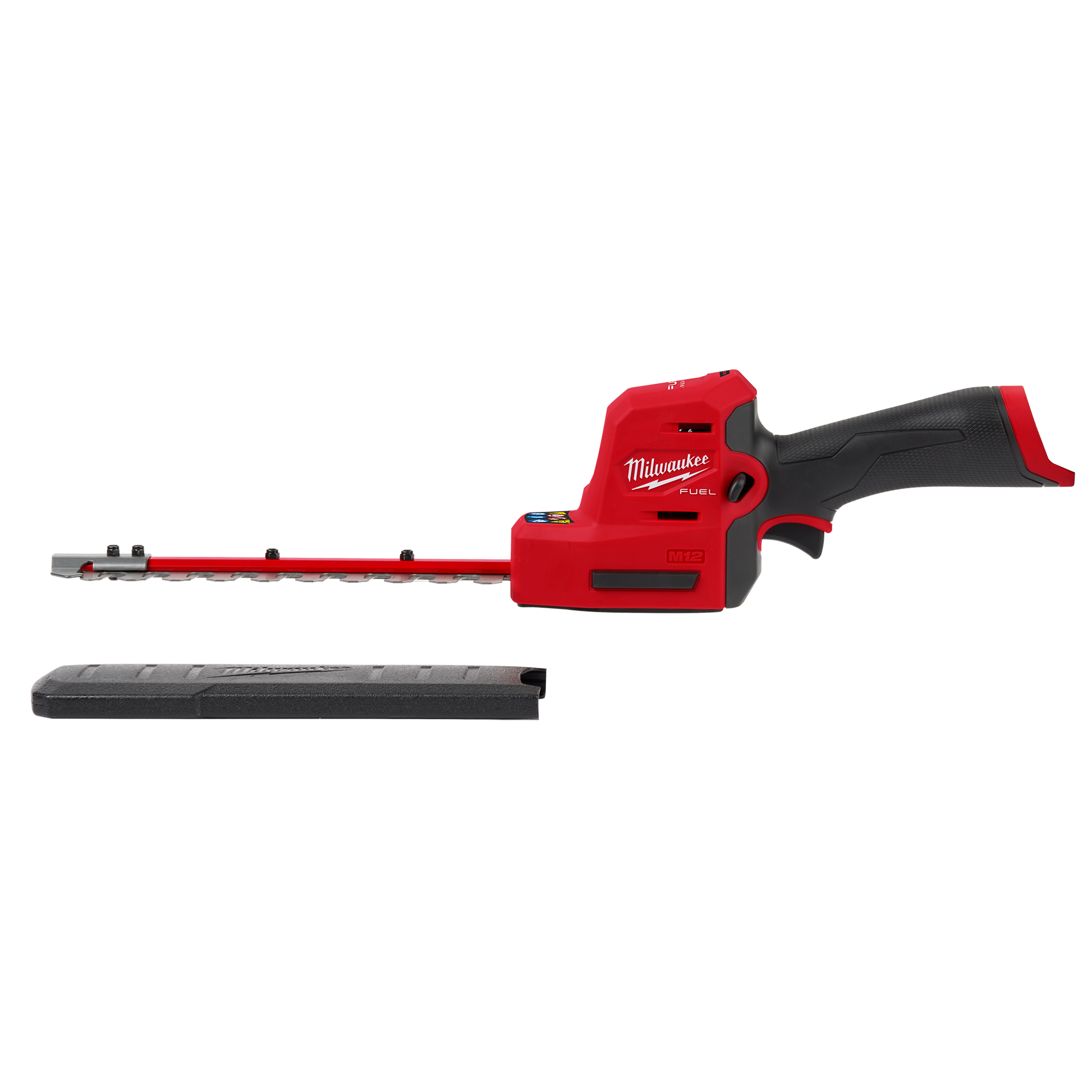 Red and black cordless hedge trimmer with compact design and protective blade cover for efficient home improvement tasks