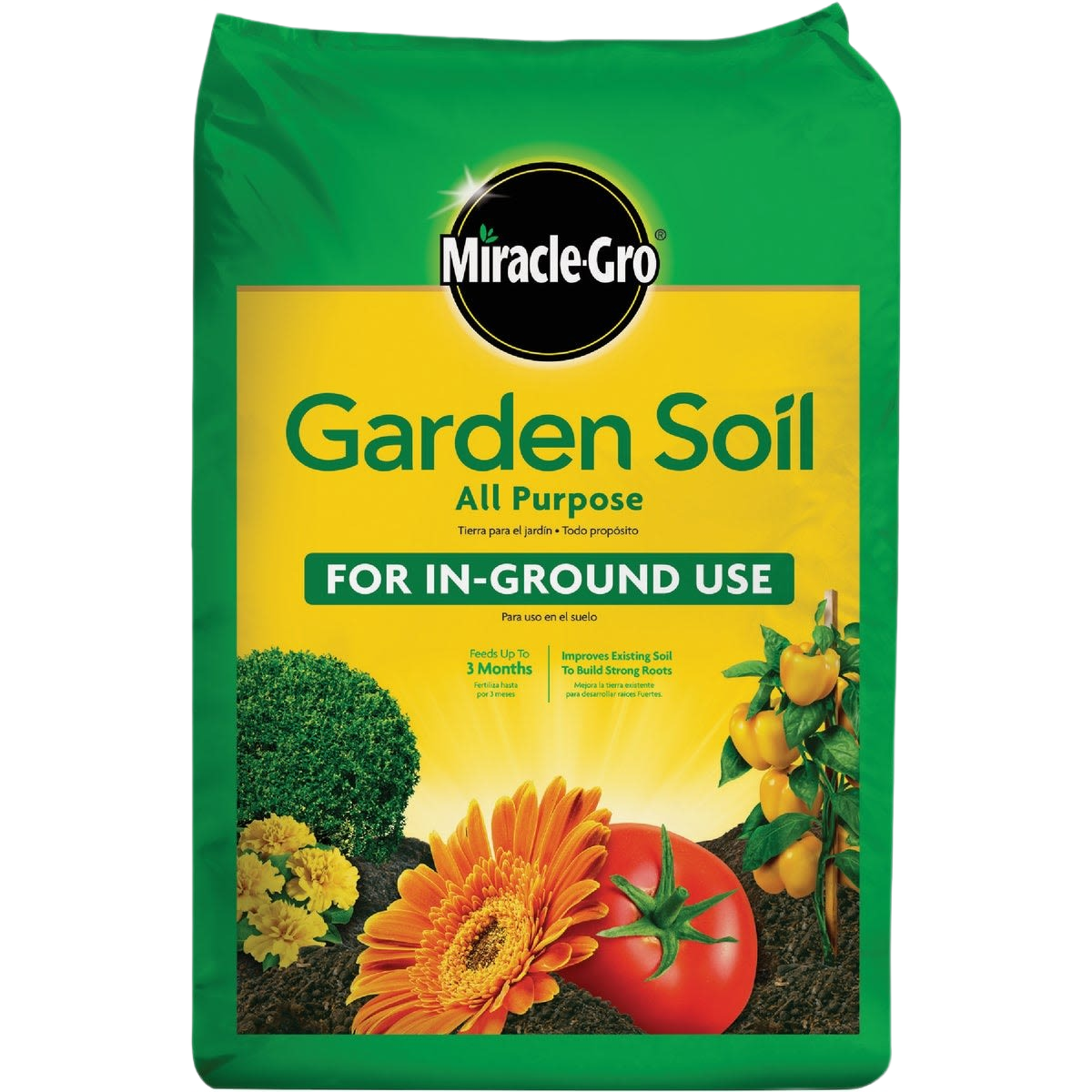 Bag of Miracle-Gro garden soil for outdoor gardening with vegetables and flowering plants in green and yellow packaging