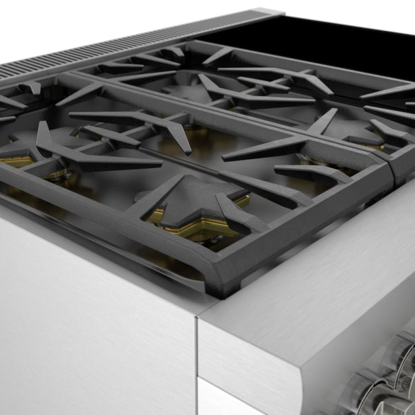 close-up of stainless steel dual fuel range featuring cast iron grates and brass gas burners for cooking efficiency