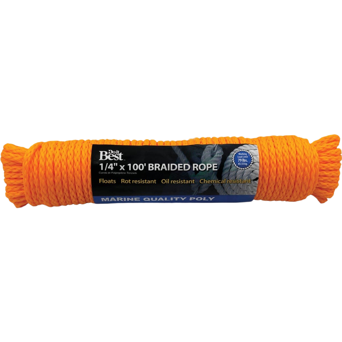 Yellow braided polypropylene rope measuring 1/4 inch by 100 feet for marine and home improvement use