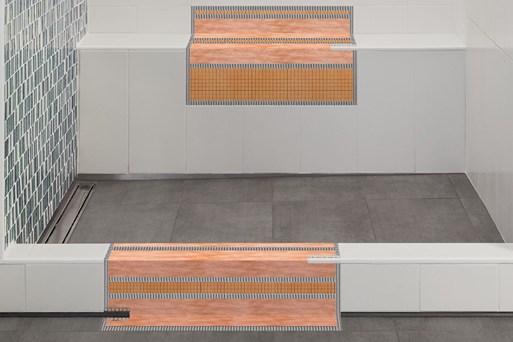 Waterproofing membrane strips installed on shower steps with tiled walls and floor for home improvement