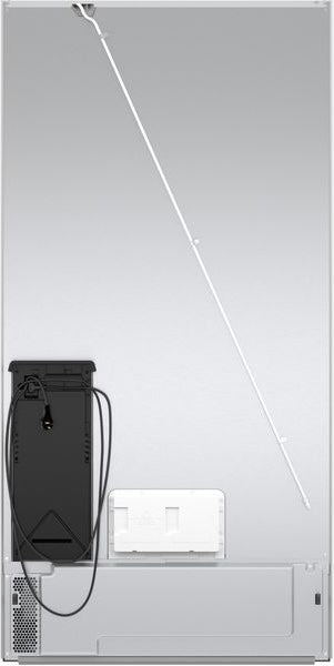 Back view of a stainless steel French door refrigerator from Bosch with power cord and ventilation panel in appliances collection