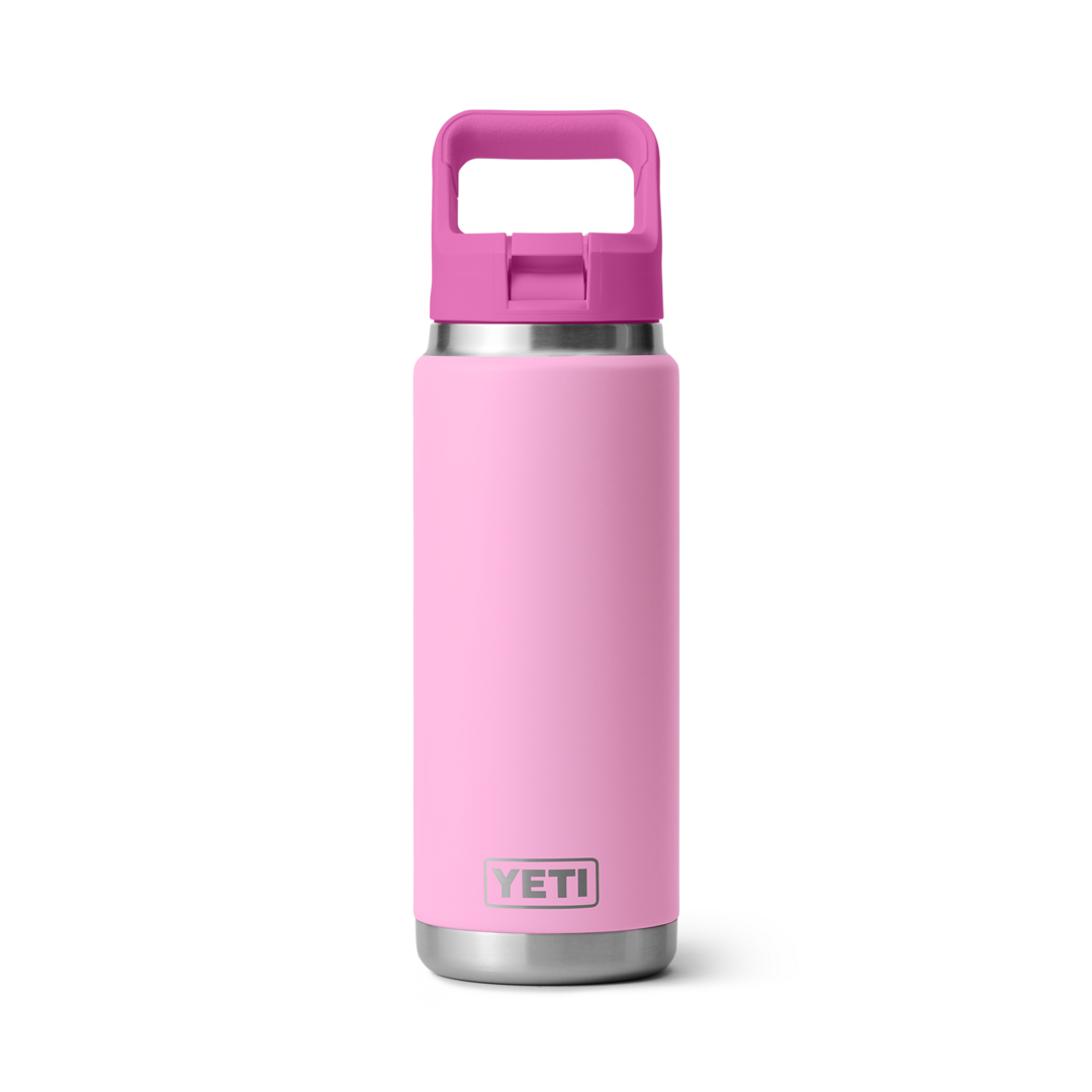 Pink insulated stainless steel drink bottle with straw cap from YETI Rambler collection for drinkware and kitchen use