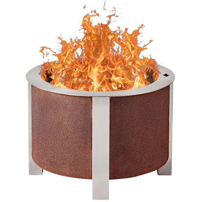 Round corten steel smokeless fire pit with visible flames for outdoor living and patio furniture decor
