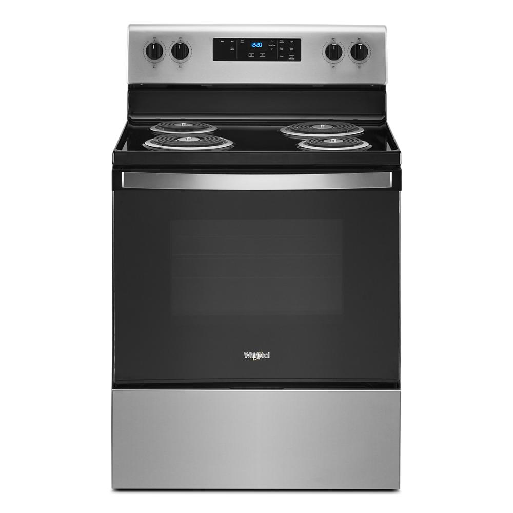 stainless steel electric range with four coil burners and digital control panel for kitchen appliances and home improvement