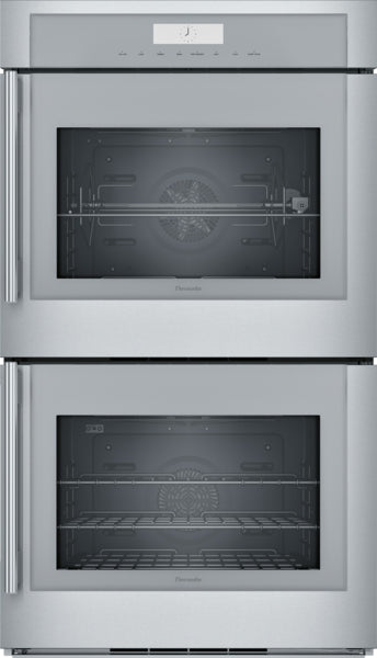 Stainless steel double wall oven with side-opening doors and convection fans in Thermador appliance collection