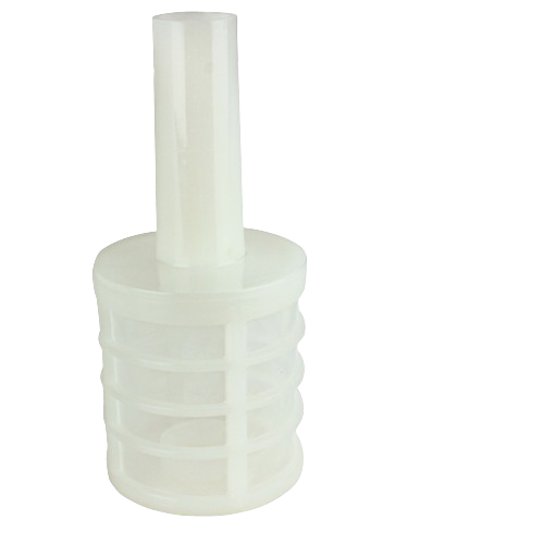 White plastic fuel filter with cylindrical cage design for efficient fluid filtration in machinery maintenance.