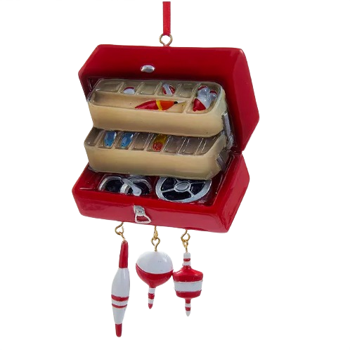 Red fishing tackle box ornament with detailed compartments and hanging bobber decorations for Christmas tree decor