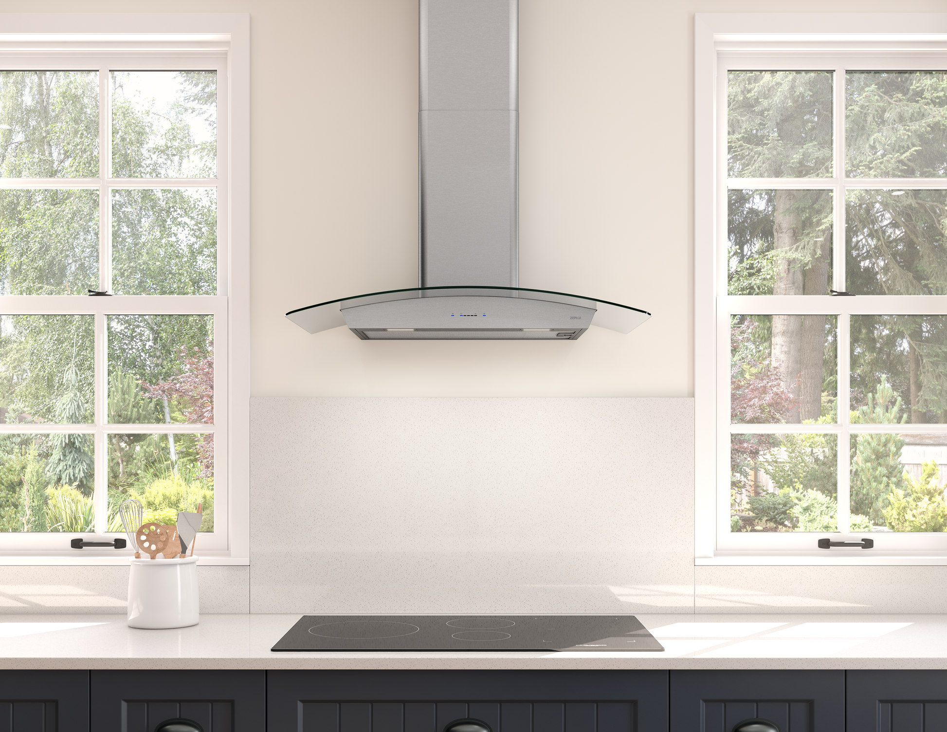 Black stainless steel chimney hood with curved glass canopy and LED lighting in modern kitchen setting from Over the Range Hoods collection