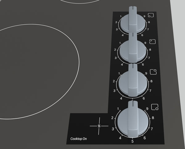 Black glass electric cooktop control panel with four silver knobs and residual heat indicator lights for each zone