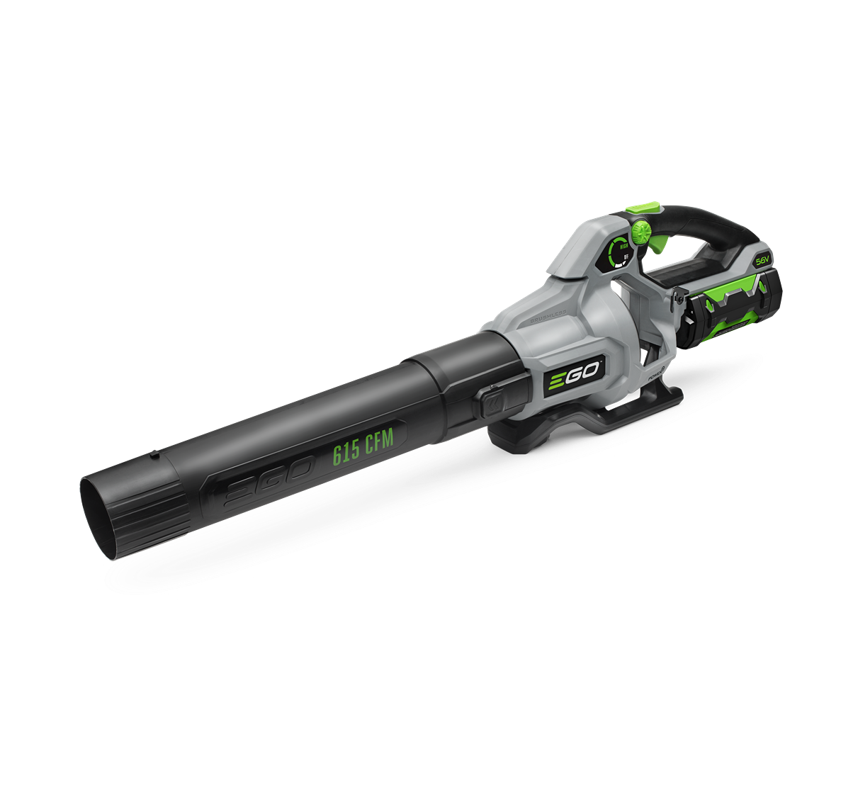 Cordless yard blower with 615 CFM airflow, battery pack, and ergonomic handle for outdoor home improvement tasks