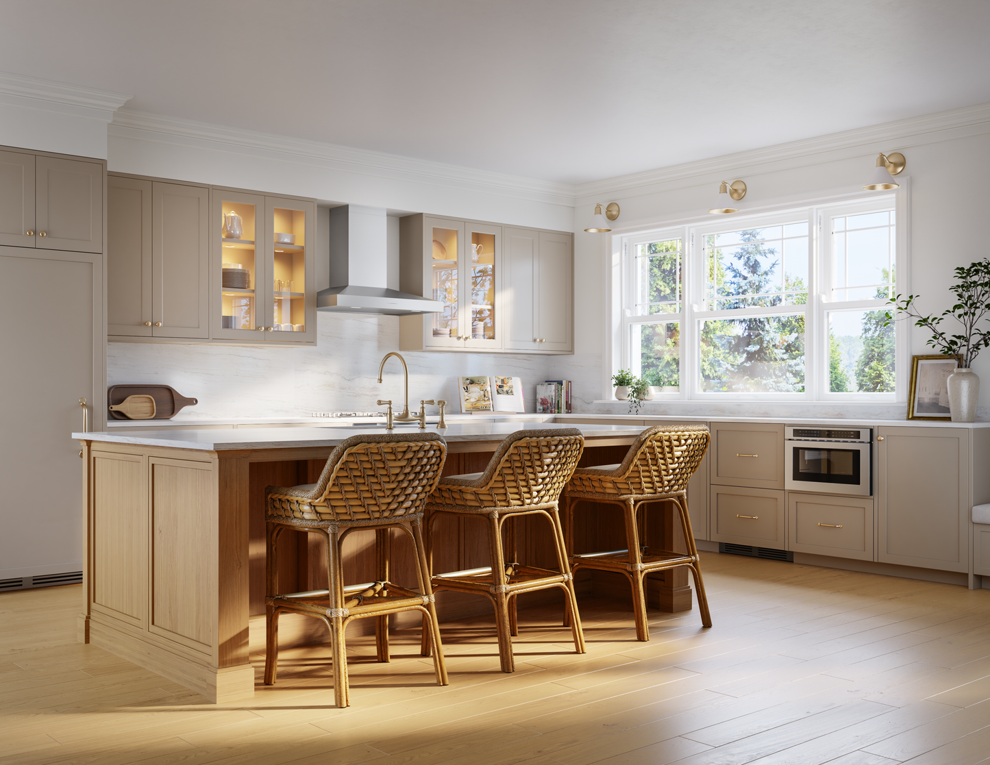 modern kitchen with stainless steel range hood, beige cabinetry, wooden island, and wicker bar stools in appliances collection