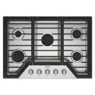 Black 30-inch gas cooktop with five burners, cast-iron grates, and stainless steel control panel for kitchen appliance collections