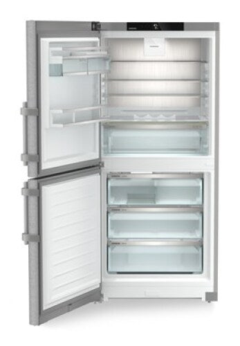 Open freestanding refrigerator freezer in white with adjustable shelves and clear storage drawers in appliances collection