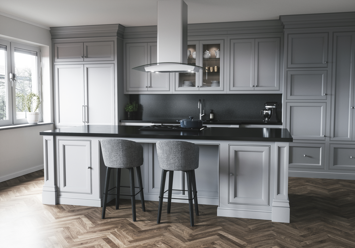 Modern stainless steel island hood with LED lighting over gray kitchen island in spacious kitchen and home improvement setting