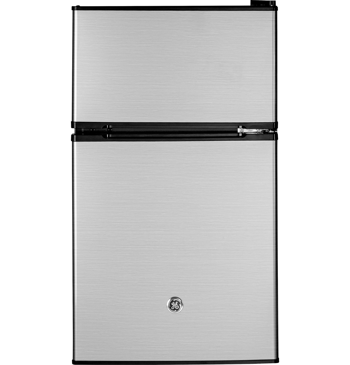 Compact double-door refrigerator in stainless steel with top freezer for mini kitchen and appliance collections