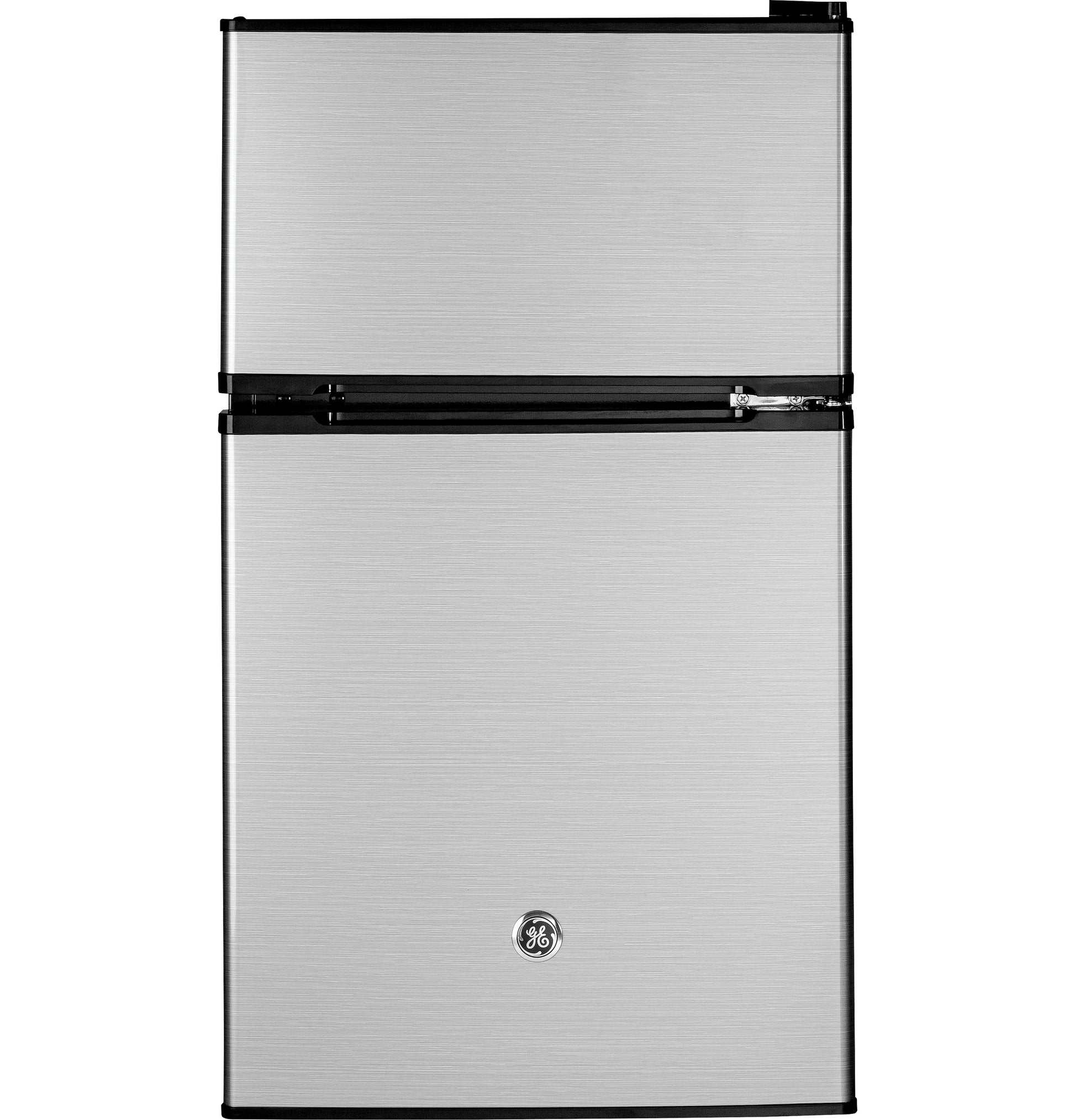 Compact double-door refrigerator in stainless steel with top freezer for mini kitchen and appliance collections