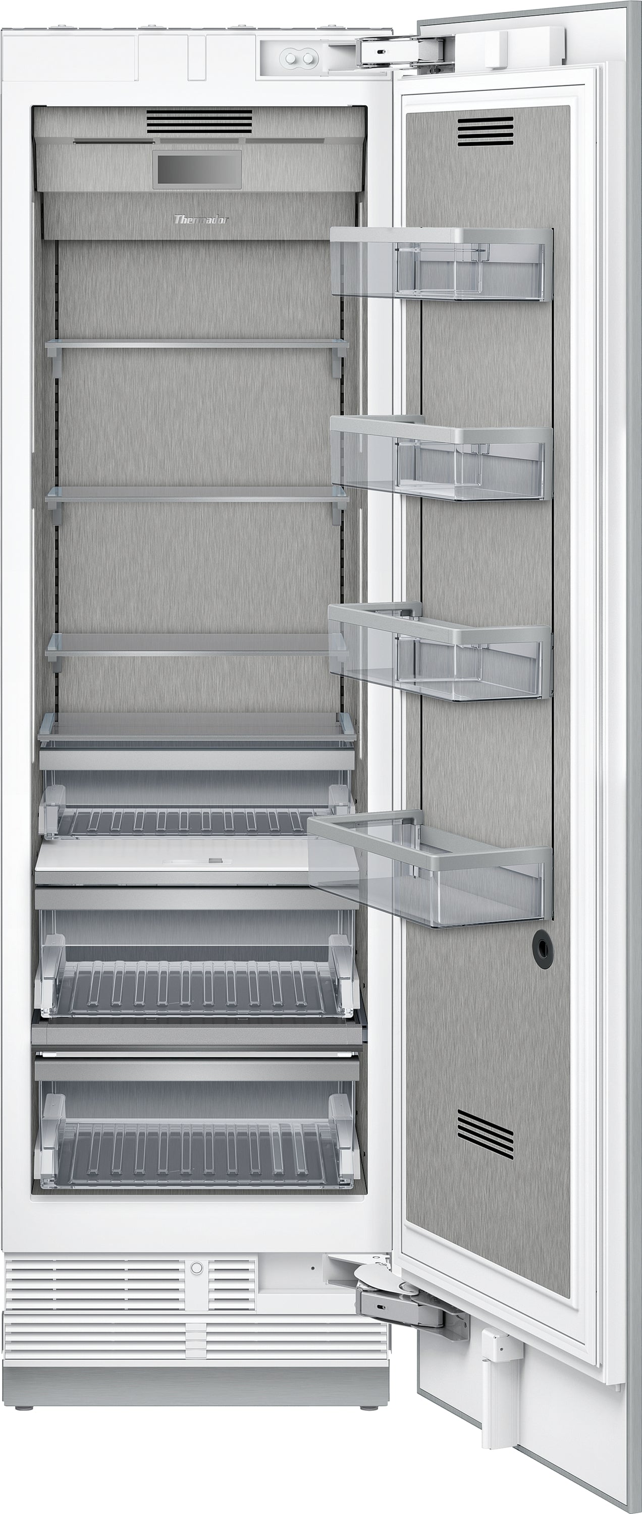 Built-in refrigerator column with stainless steel interior, clear adjustable door bins, and multiple glass shelves from kitchen appliances collection