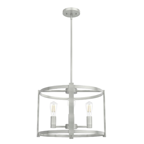 Brushed nickel round chandelier with four lights and caged art deco design for farmhouse and dining lighting
