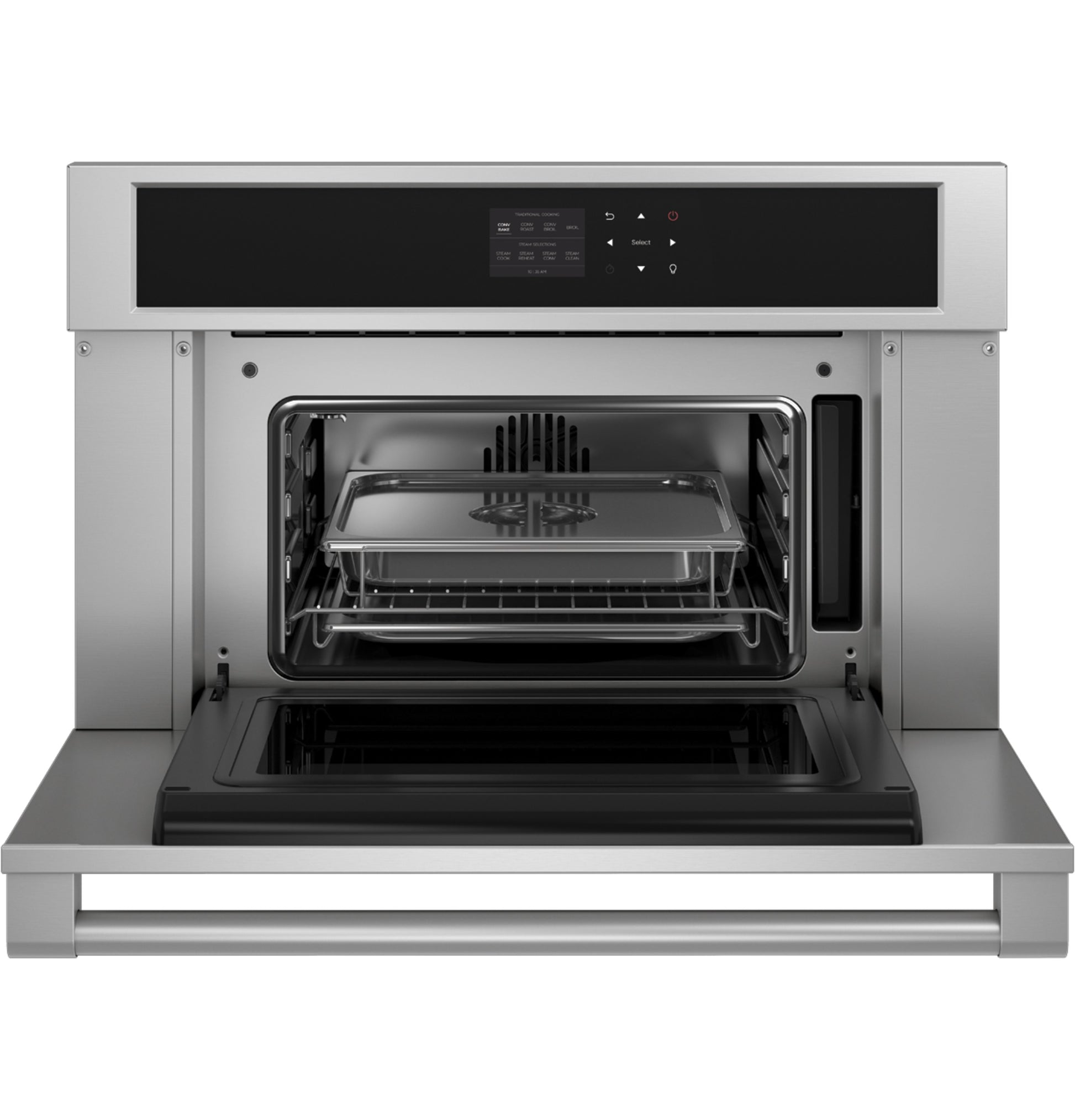 Stainless steel 30-inch steam oven with open door, digital controls, and interior racks from Kitchen & Kitchenware collections