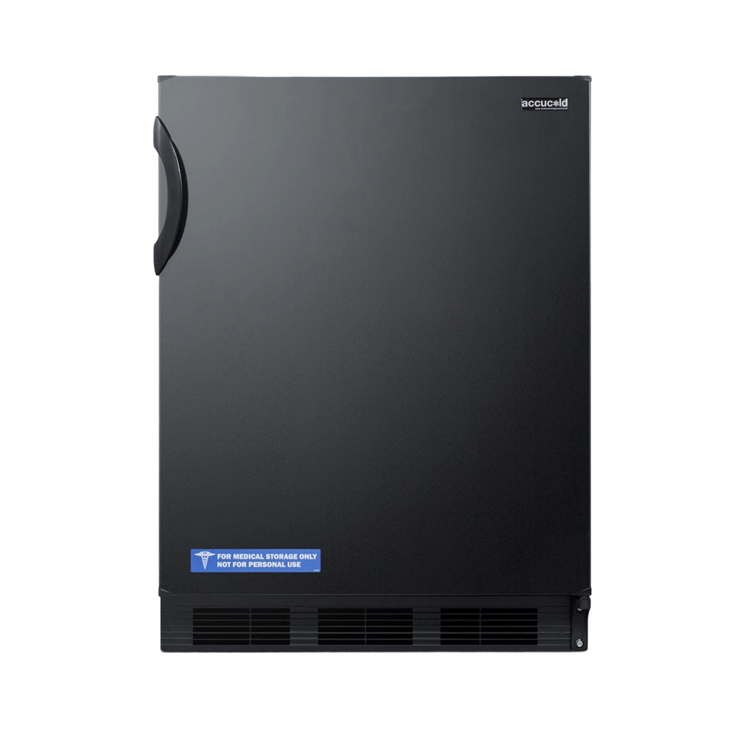 Compact black built-in refrigerator with curved handle and medical storage label in appliances and kitchenware collections