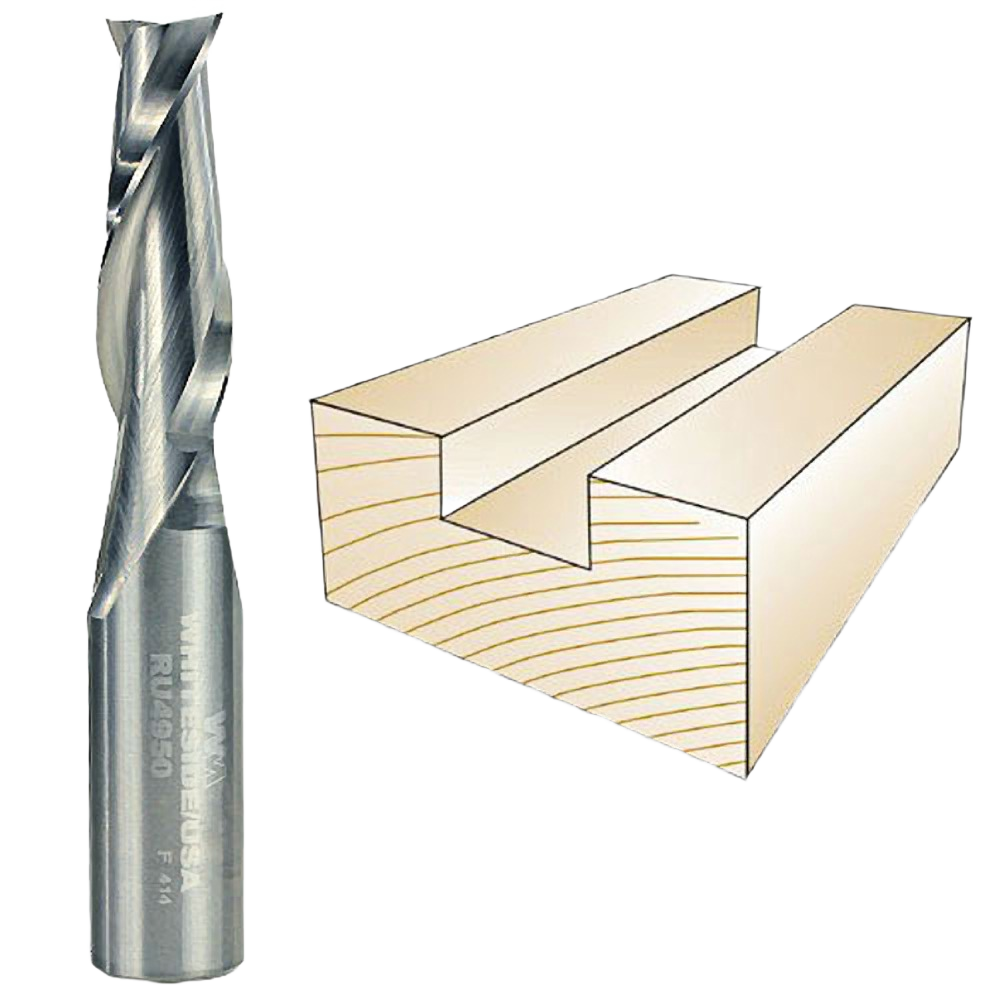 Spiral upcut bit for woodworking with sharp flutes alongside wooden sample showing clean routed groove cut in tool accessories collection