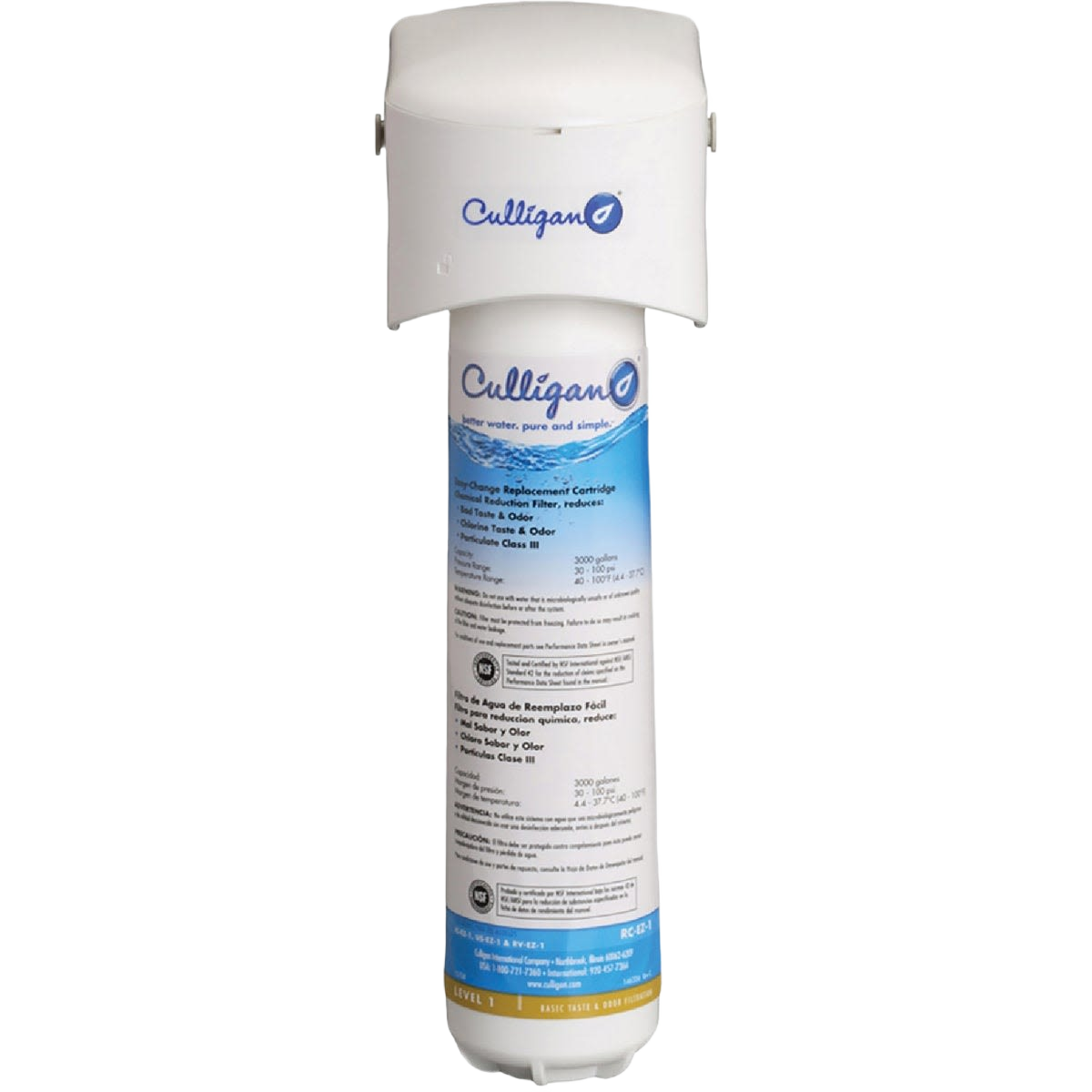 White and blue Culligan water filtration cartridge for refrigerator and ice maker with easy-change housing for home improvement