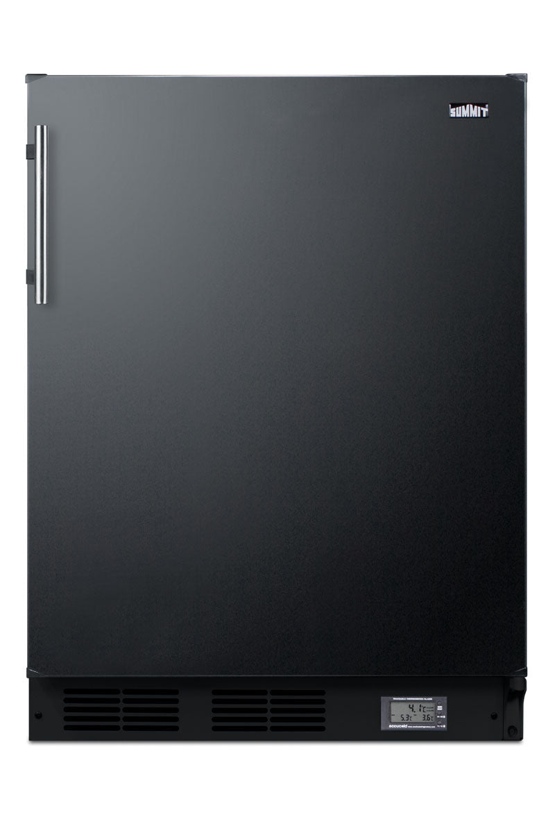 Compact black undercounter refrigerator-freezer with digital display and stainless steel handle in kitchen appliance collections