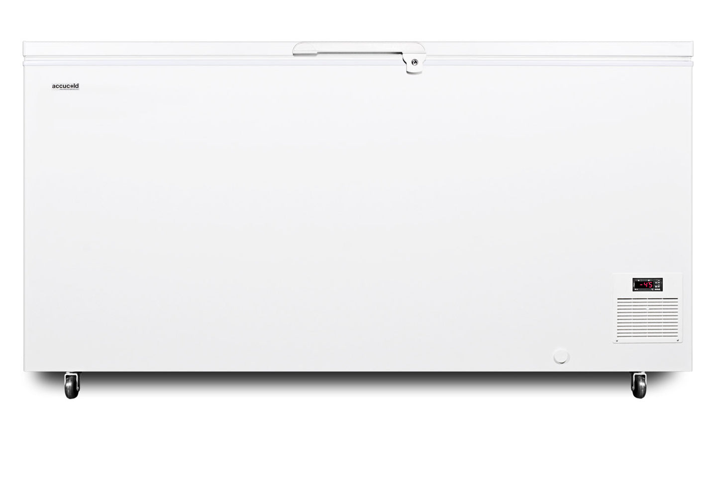 Large white chest freezer with caster wheels and digital control panel for kitchen appliances and home improvement use