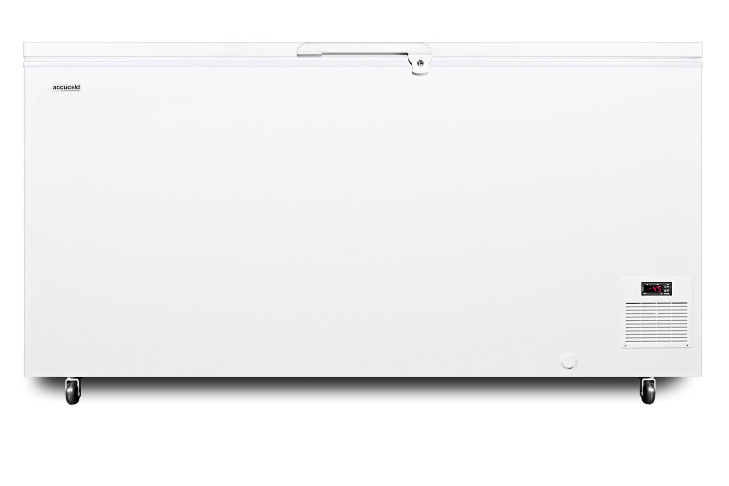 Large white chest freezer with caster wheels and digital control panel for kitchen appliances and home improvement use