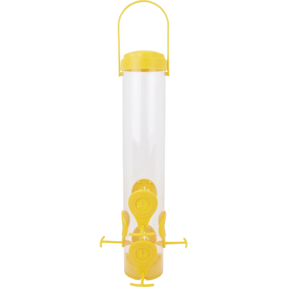 Yellow and clear tube finch feeder with multiple feeding ports and a hanging handle for outdoor use