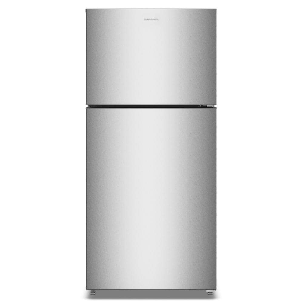 Silver top-freezer refrigerator with smooth finish, featuring dual crisper drawers and spacious design for kitchen and appliance collections including home improvement.