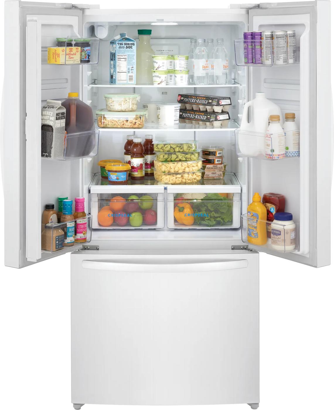 Open white 18 Cu. Ft. counter-depth French door refrigerator with organized interior and fresh produce in refrigerators collection