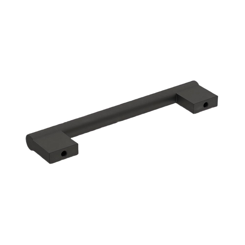 Matte black cabinet pull with 5-1/16 inch center-to-center spacing for hardware and furniture accessories collections